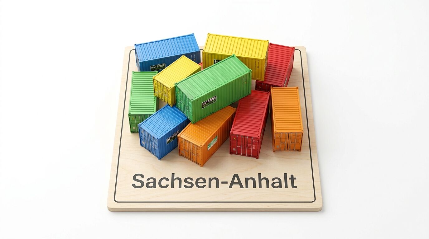 Bunte Schiffscontainer gestapelt auf Holzbrett mit Aufschrift „Sachsen-Anhalt“