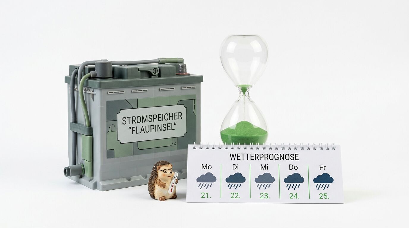 Stillleben mit Akkumulator, Sanduhr, Wetterprognose und Igel-Figur auf weißem Grund