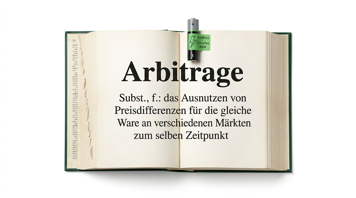 Offenes Buch mit Definition von „Arbitrage“, Batterie und grünem Klebezettel