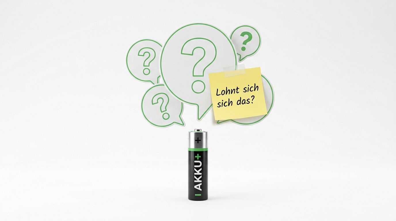 Akku mit Sprechblasen-Fragezeichen und Notiz: „Lohnt sich das?“ auf weißem Hintergrund