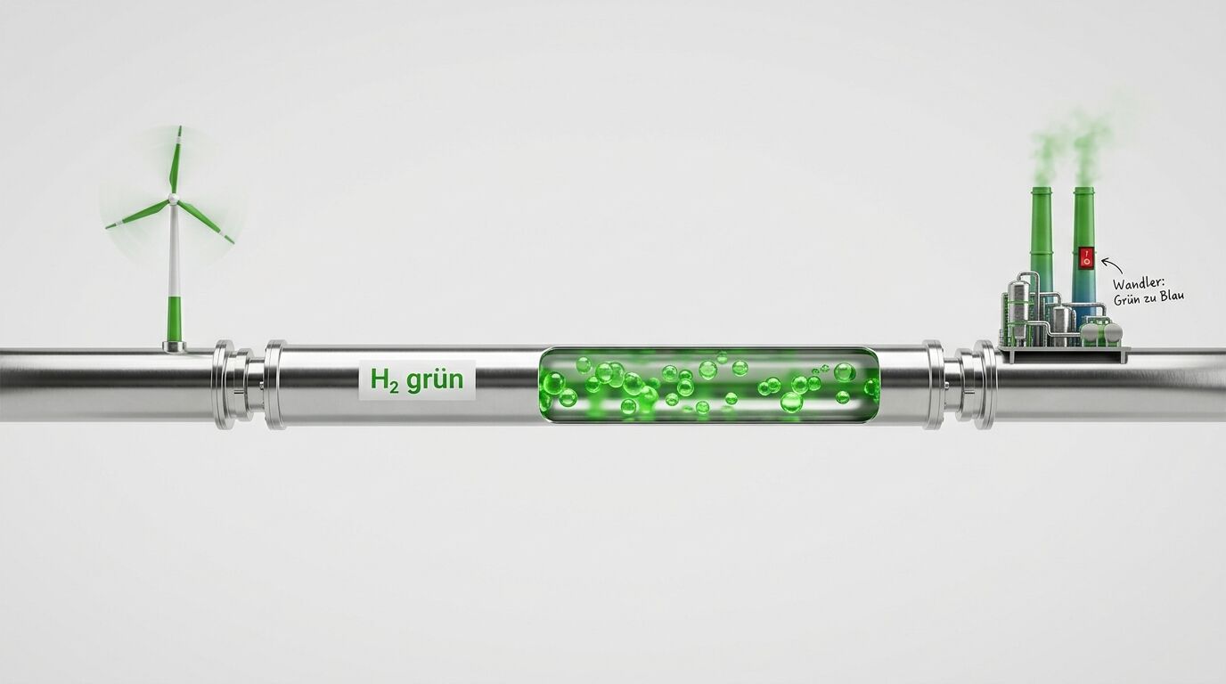 Diagramm einer Rohrleitung für „H₂ grün“ mit Windrad, Schaufenster und Fabrik