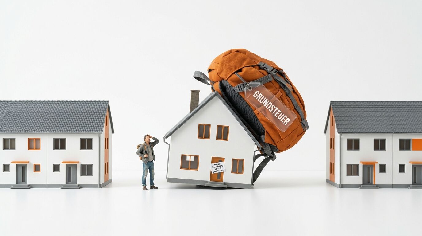 Miniaturmodell: Ein Haus trägt einen Rucksack mit dem Schild „GRUNDSTEUER“, ein Mann blickt hoch
