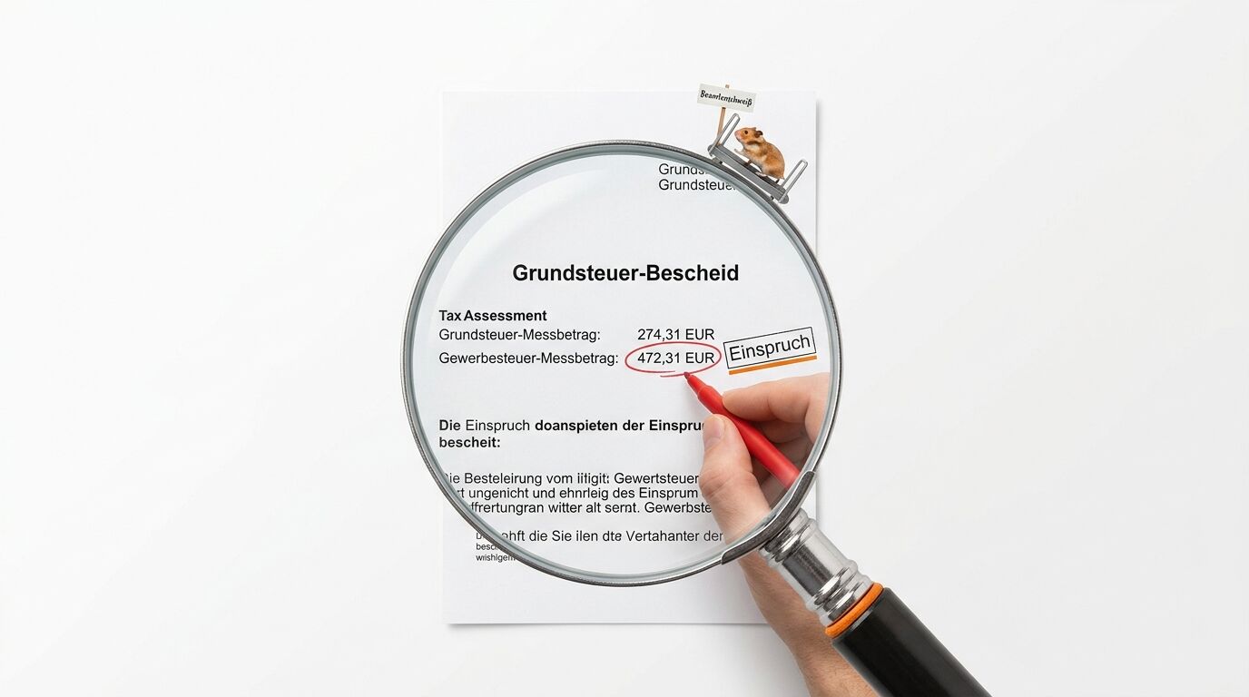 Lupenansicht auf Grundsteuer-Bescheid mit Hamster und rot markiertem Einspruch, flache Perspektive