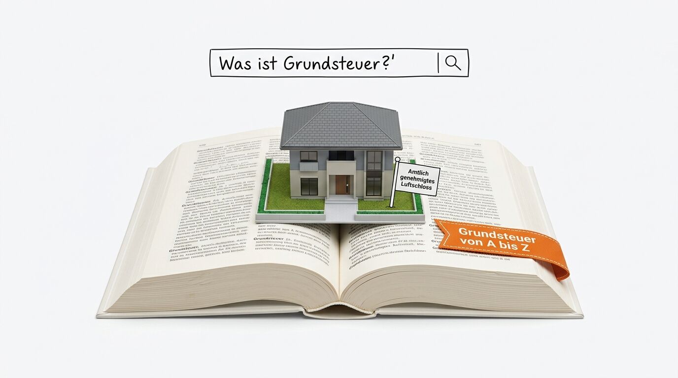 Ein Hausmodell steht auf einem offenen Buch, darüber eine Suchleiste zum Thema Grundsteuer