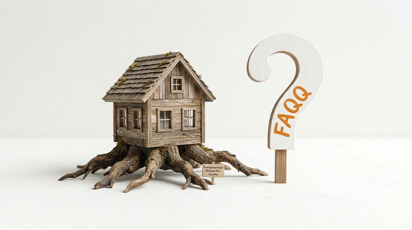 Modellhaus auf Wurzeln neben einem Fragezeichenschild mit dem Text „FAQQ“ vor weißem Hintergrund