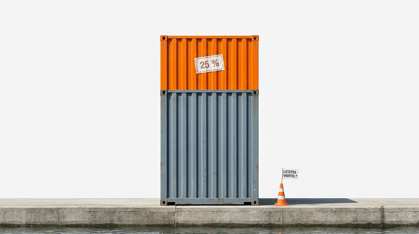 Grauer und oranger Container gestapelt mit 25%-Schild und Hütchen mit Schild auf Kaimauer