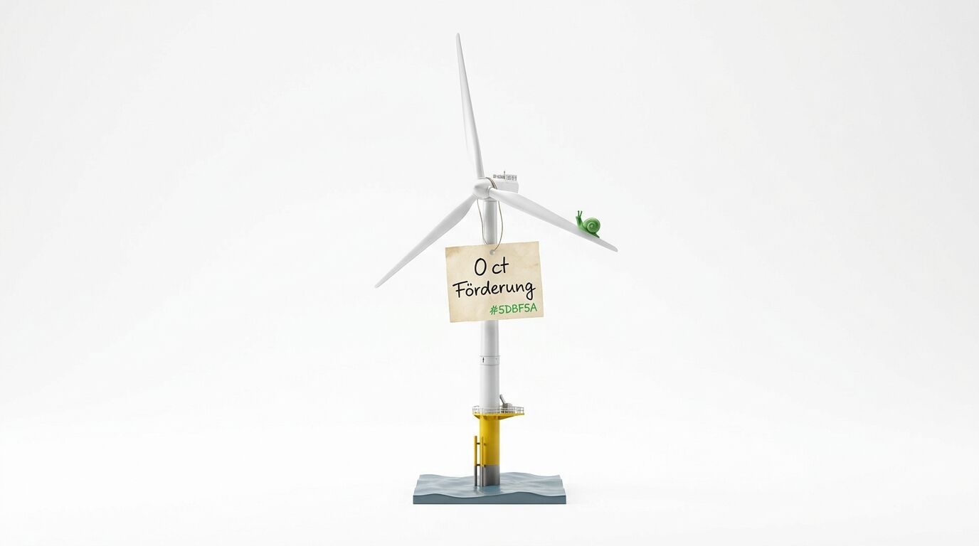 Modell einer Windkraftanlage mit angehängtem Schild und einer Schnecke auf einem Rotorblatt