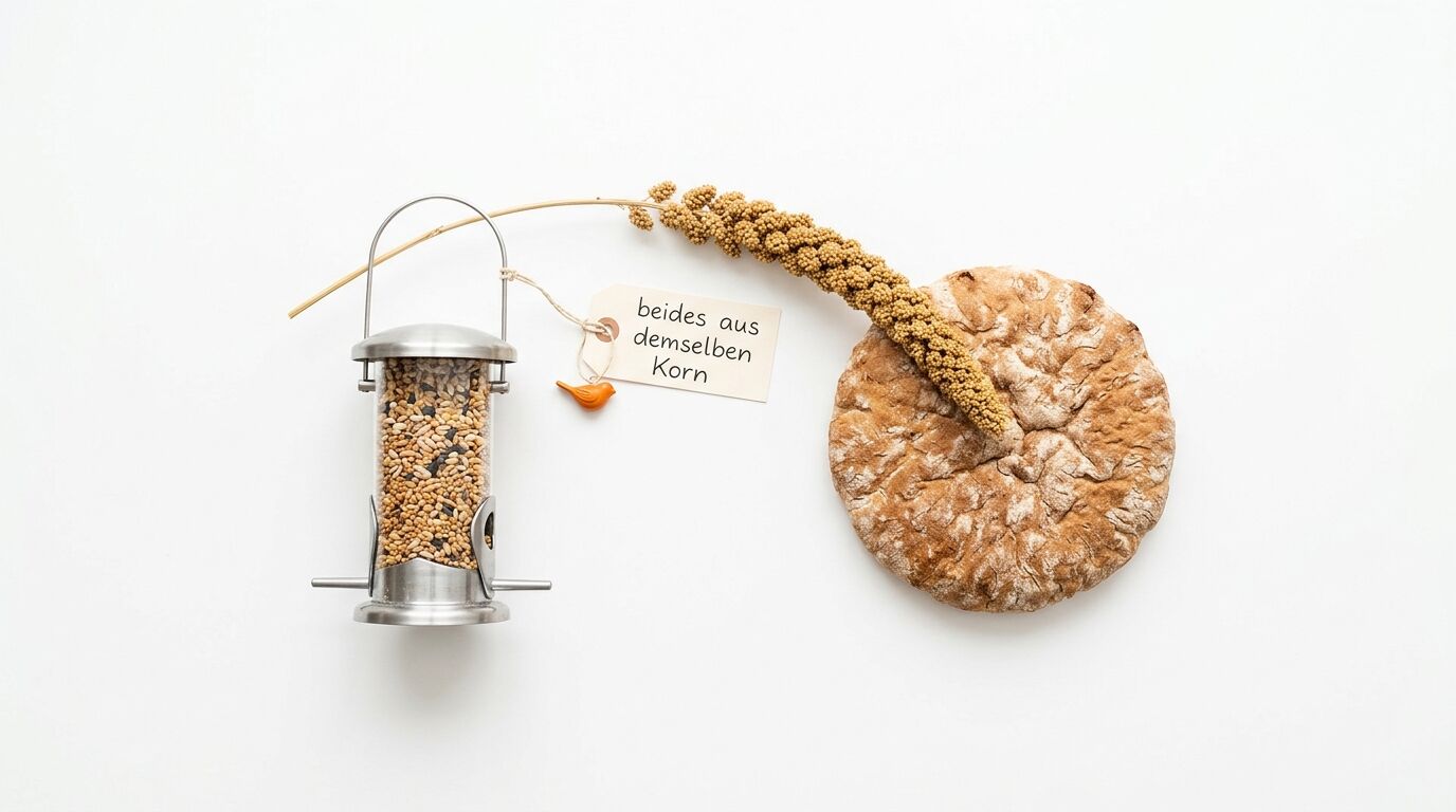 Vogelspender, Hirserispe, Brot und Etikett „beides aus demselben Korn“