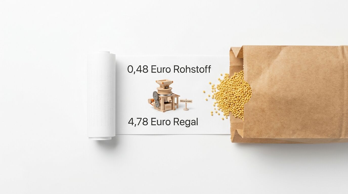 Infografik: Einrollbares Blatt mit Holzmühle, Rohstoff-/Regalpreisen und Senfkörnern aus Tüte