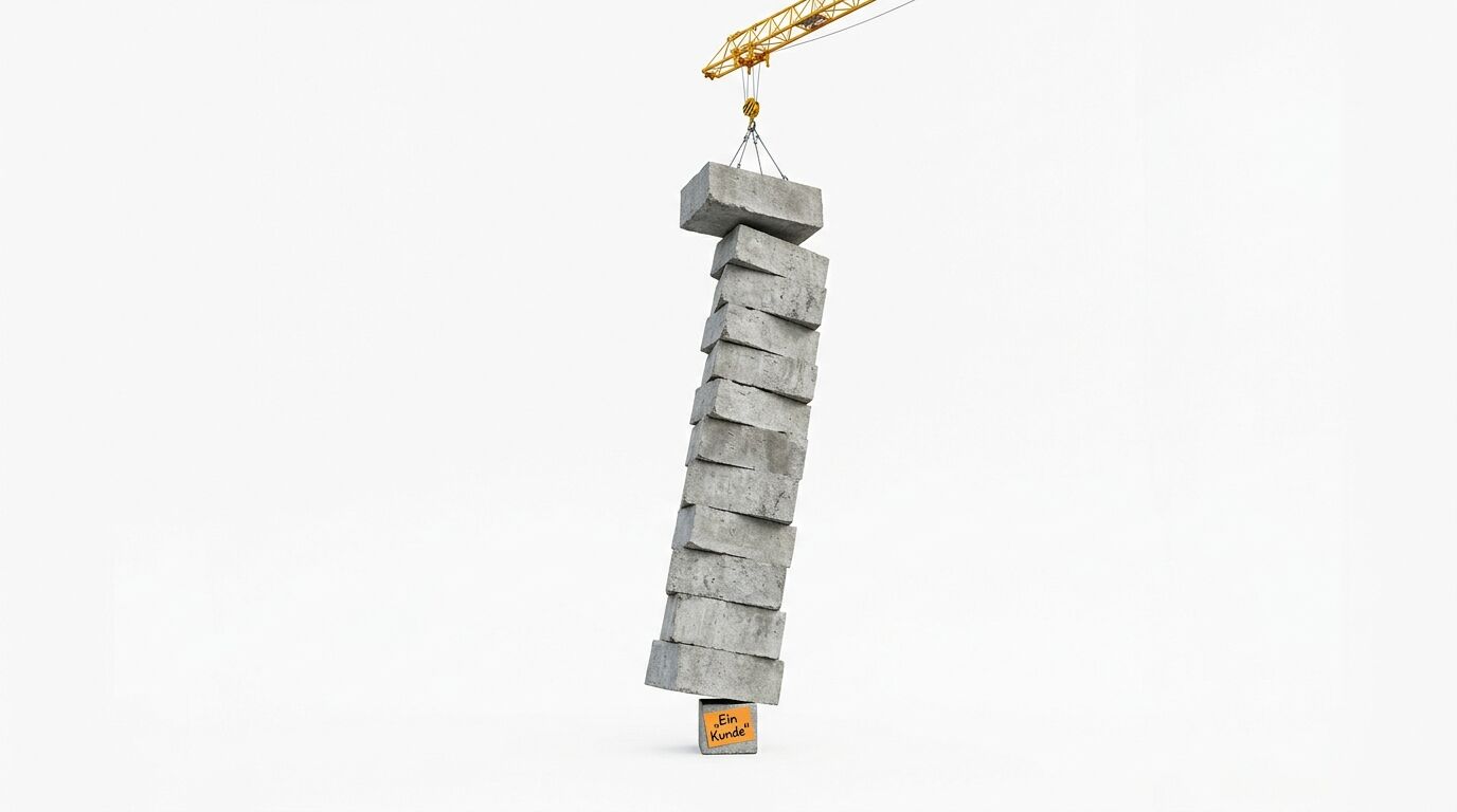 Turm aus Betonblöcken, gehalten von Kran, auf kleinem Klotz mit Aufschrift „Ein Kunde“