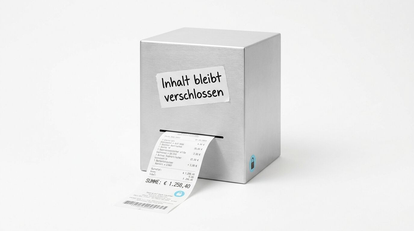Metallbox mit Zettel „Inhalt bleibt verschlossen“ und ausgedrucktem Kassenbon