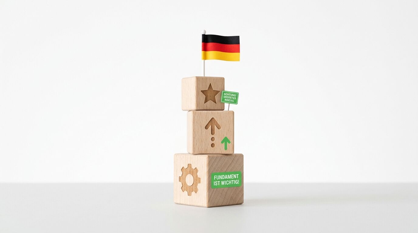 Holzwürfelturm mit Symbolen, Textschildern und Deutschlandfahne oben