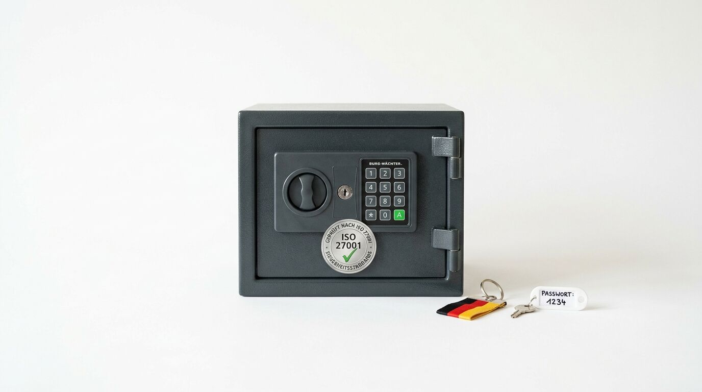 Grauer Safe vor weißem Hintergrund mit ISO-Sticker und Schlüsselanhängern