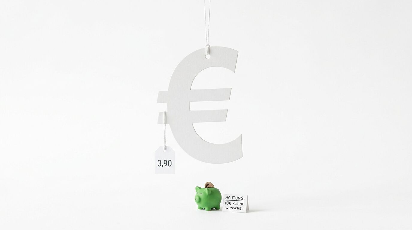 Hängendes Eurozeichen mit Preisschild (3,90), darunter grünes Sparschwein und Warnhinweis