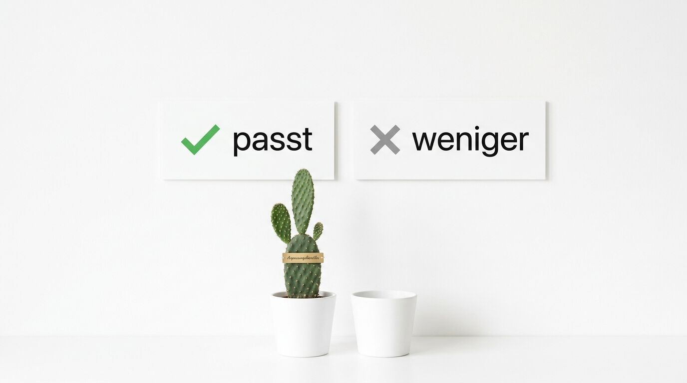 Kaktus mit Haken und Wort „passt“, leerer Topf mit Kreuz und Wort „weniger“ davor