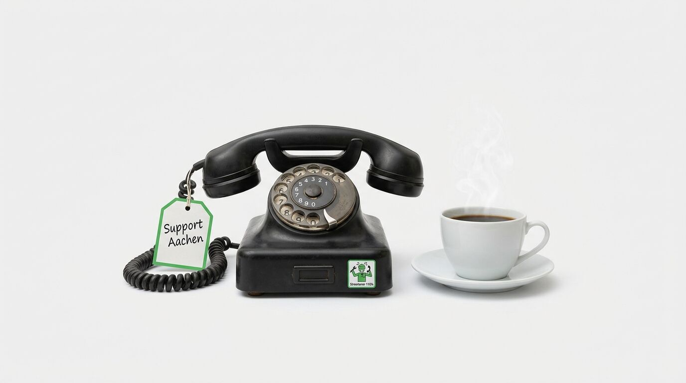 Schwarzes Wählscheibentelefon mit Schild „Support Aachen“ neben dampfender Kaffeetasse auf weiß