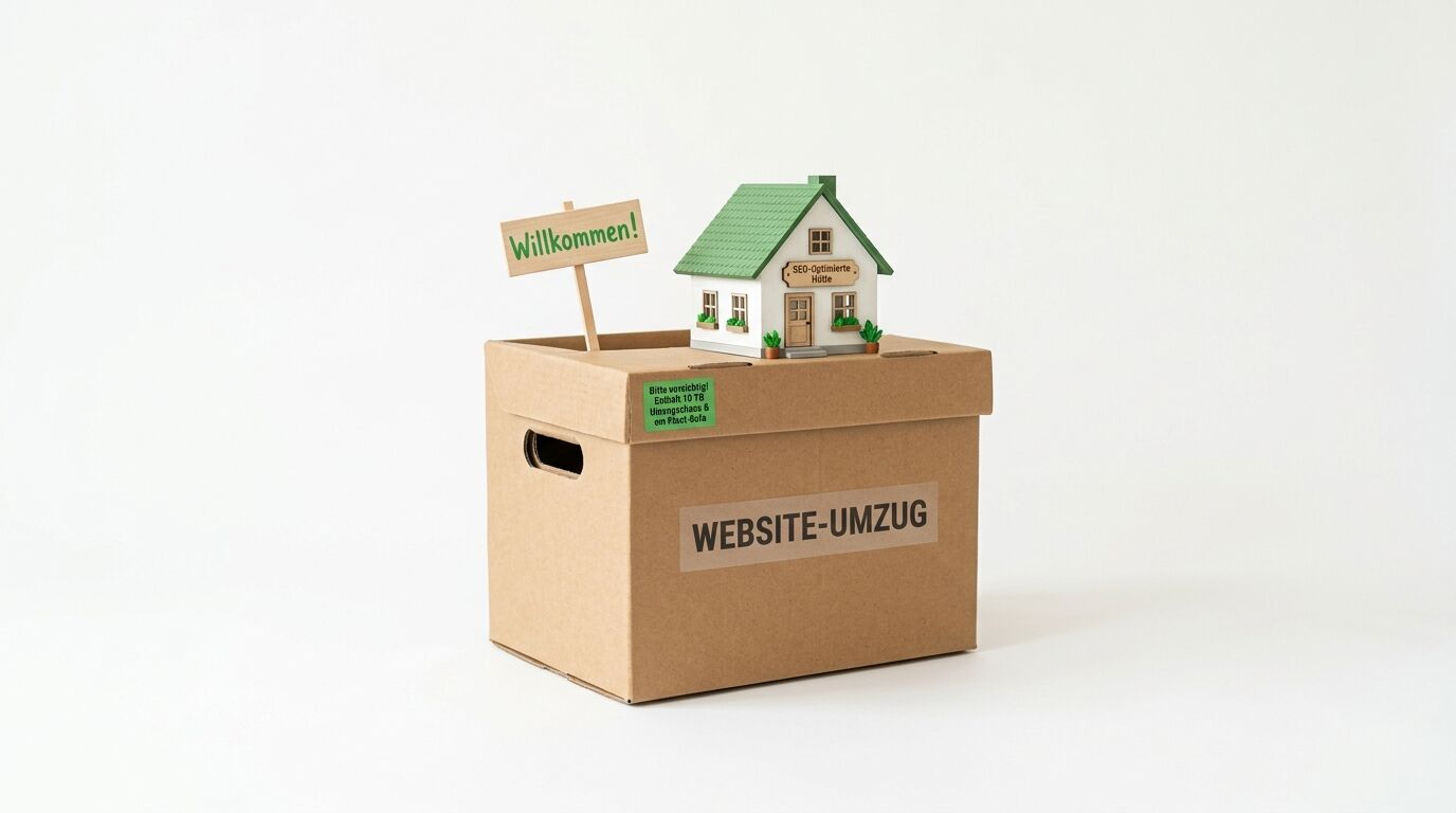 Ein Pappkarton mit Aufschrift „WEBSITE-UMZUG“ trägt ein Miniaturhaus und ein „Willkommen!“-Schild