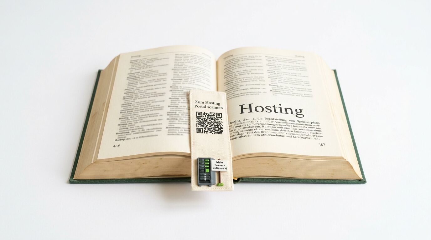 Aufgeschlagenes Buch zum Thema Hosting mit QR-Code-Lesezeichen und Server-Symbol