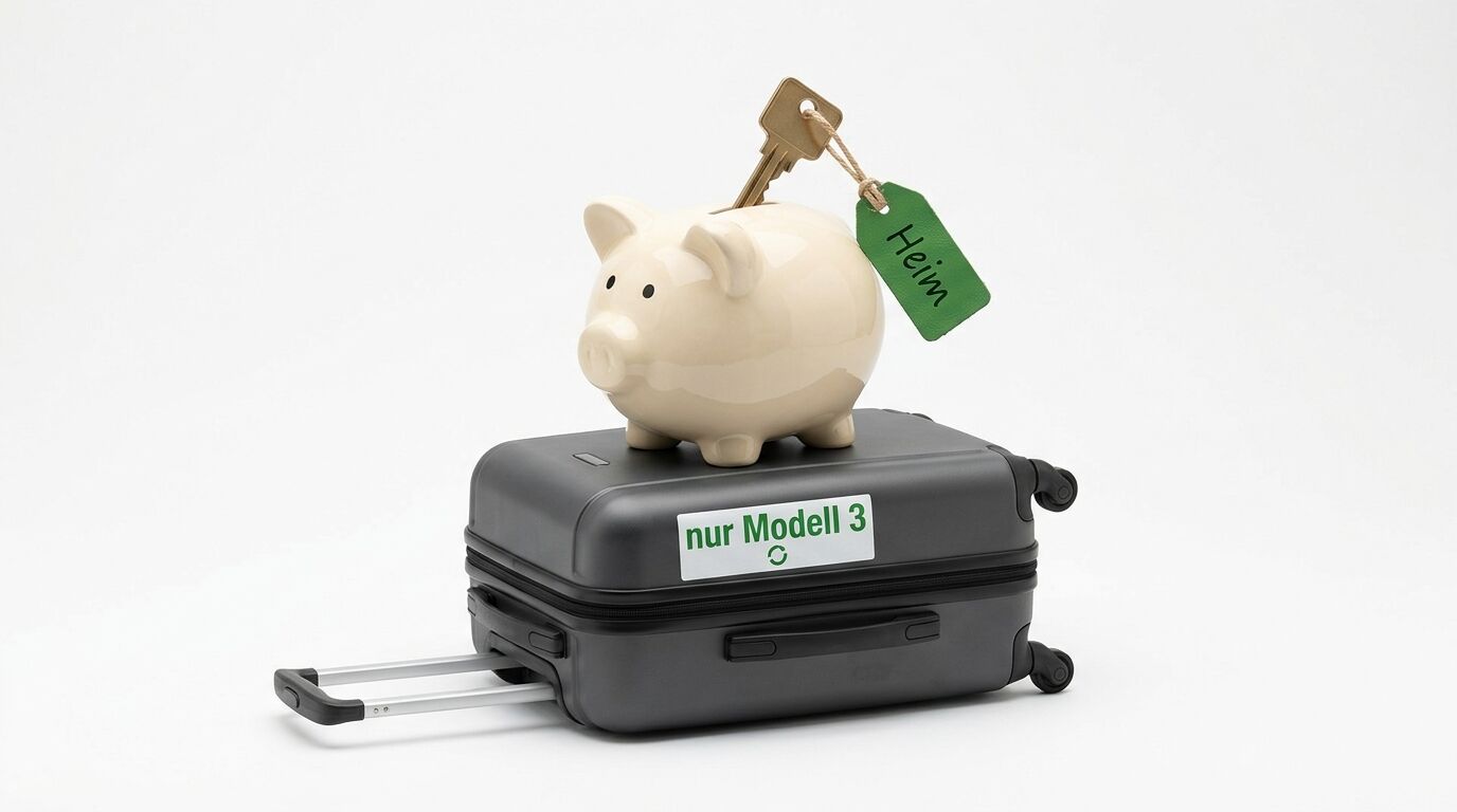Sparschwein mit Schlüssel und Anhänger steht auf einem Koffer mit Modellaufkleber
