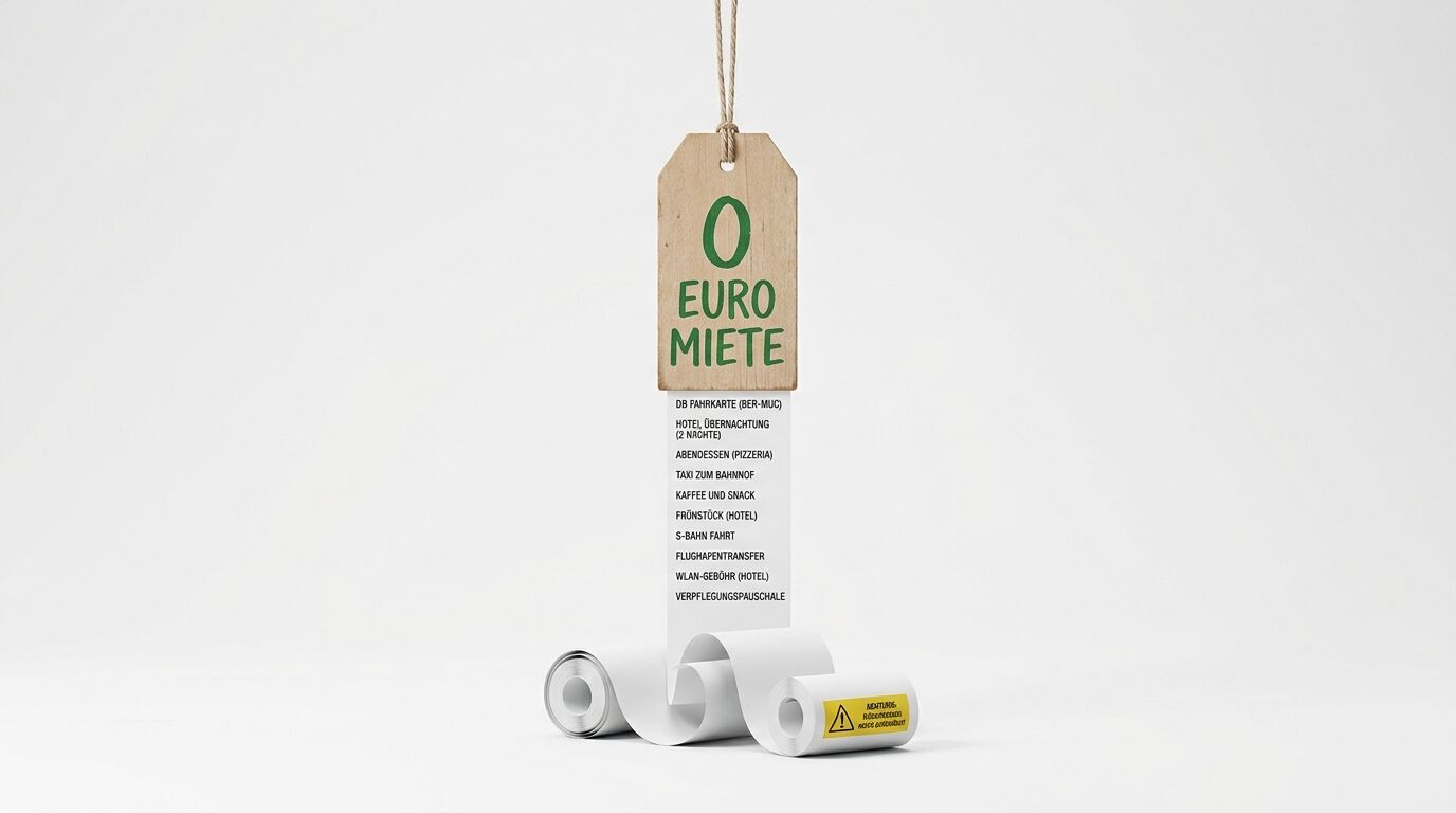 Holzanhänger mit der Aufschrift „0 EURO MIETE“ und einer langen Spesenliste an einem Band