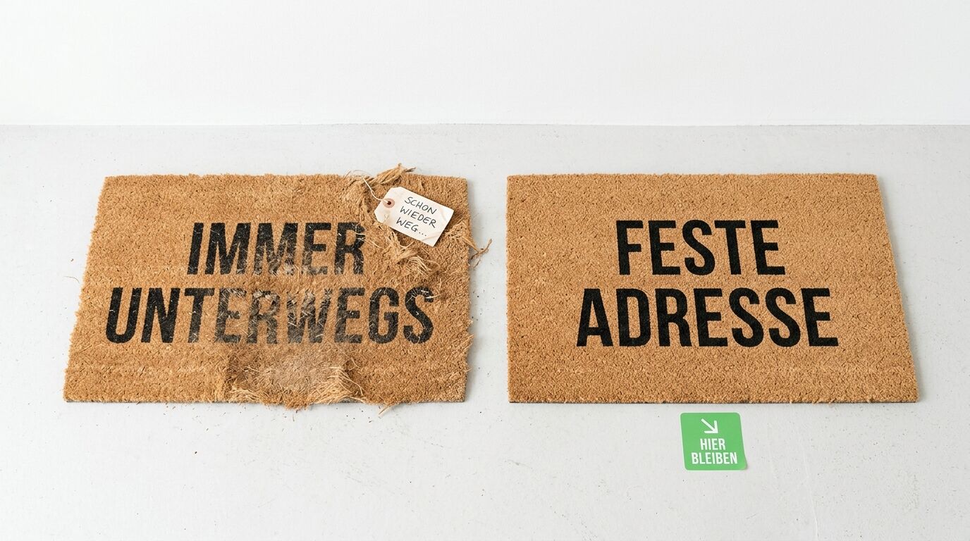 Zwei Fußmatten mit deutschen Texten nebeneinander auf Betonboden