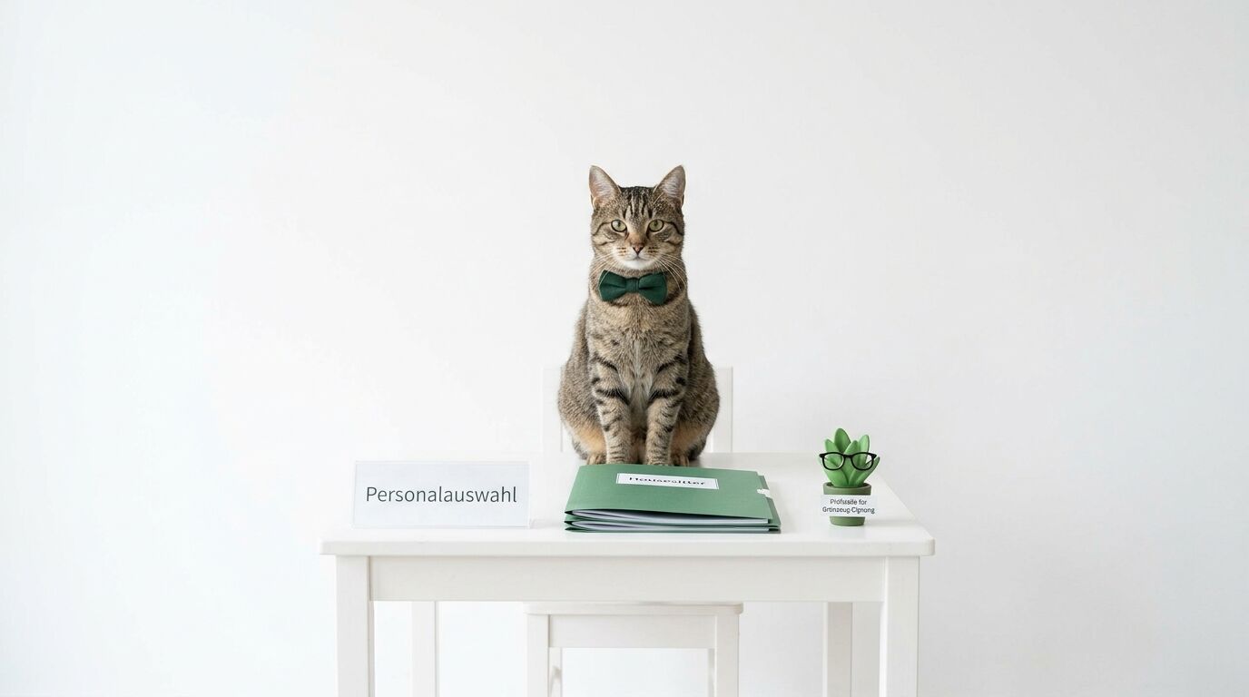 Eine getigerte Katze mit grüner Fliege sitzt an einem weißen Tisch vor weißem Hintergrund
