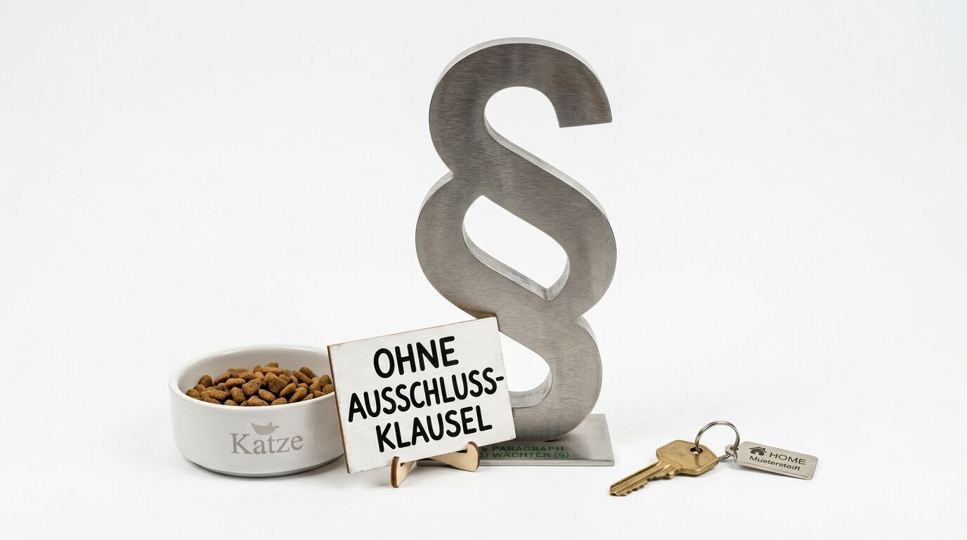 Metall-Paragraph, Futternapf, Schild „OHNE AUSSCHLUSSKLAUSEL“ und Schlüssel vor Weiß
