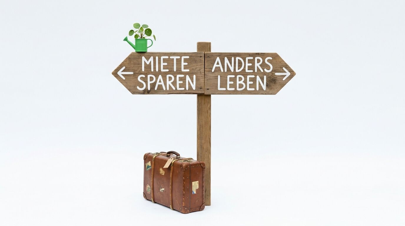 Wegweiser „MIETE SPAREN“/„ANDERS LEBEN“ mit Gießkanne und Koffer auf Weiß