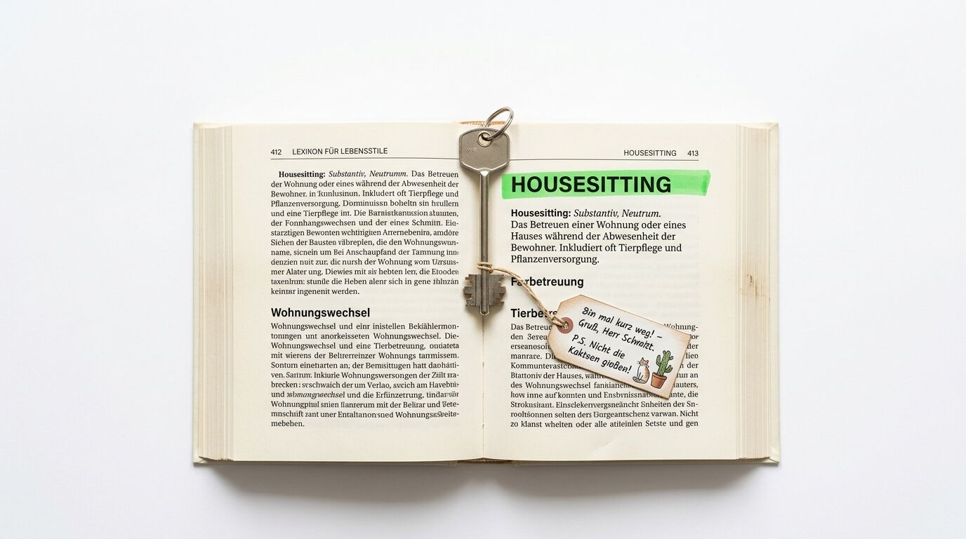 Ein Buch über Housesitting mit einem Schlüssel und Anhänger liegt auf weißem Grund