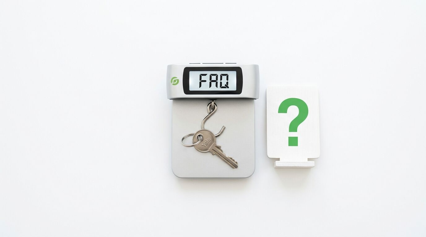 Digitale Waage zeigt FAQ, darauf liegt ein Schlüssel, daneben grünes Fragezeichen