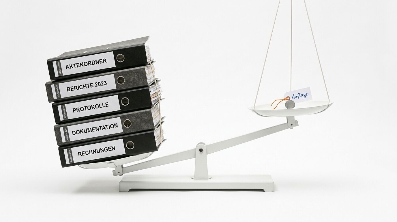 Eine Waage mit gestapelten Aktenordnern und einem Zettel mit der Aufschrift „Auflage“ auf der anderen Seite
