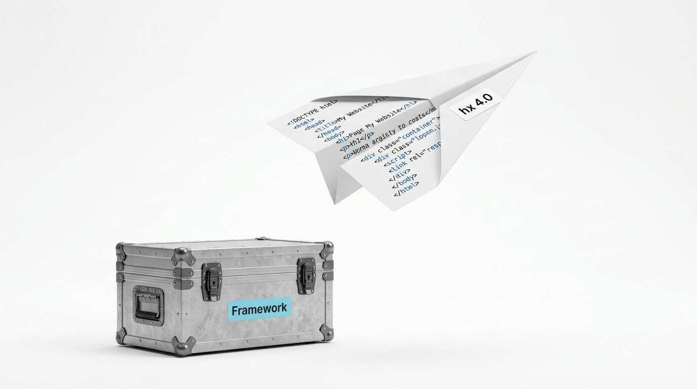 Papierflieger mit Code fliegt über Metallkoffer mit „Framework“-Label auf weißem Grund