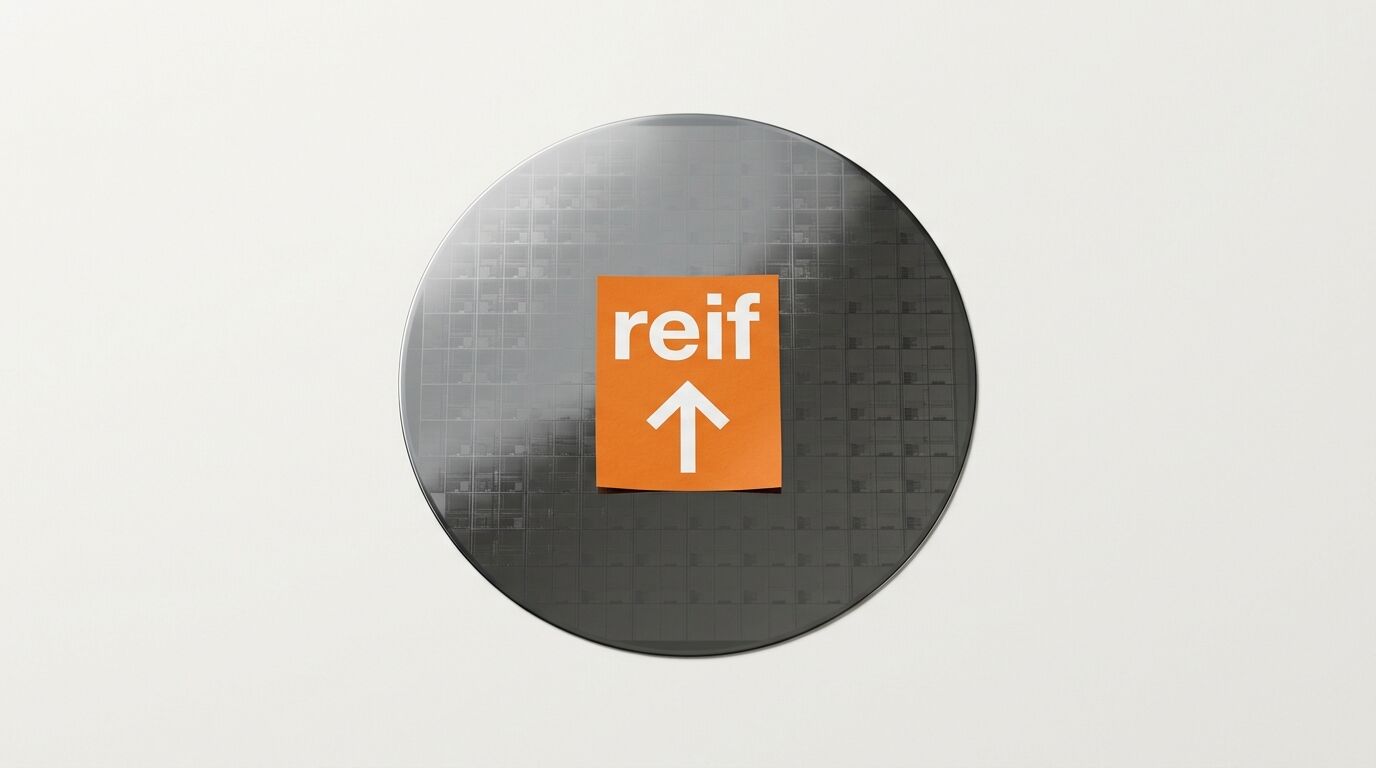 Siliziumwafer mit orangefarbenem Aufkleber, Aufschrift „reif“ und Pfeil nach oben