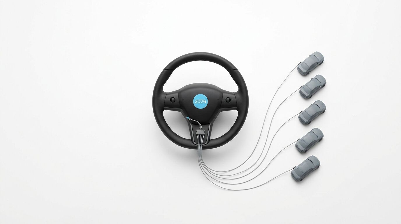 Lenkrad mit „2026“-Button verbunden durch Drähte mit fünf Spielzeugautos