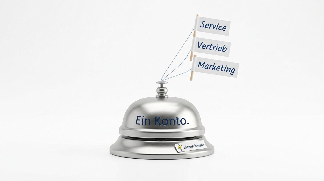 Rezeptionsklingel mit Aufschrift, Logo und Fahnen Service, Vertrieb, Marketing vor weiß