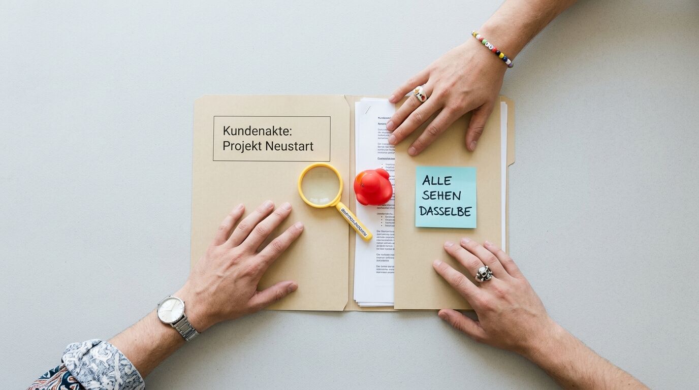 Drei Hände um Aktenordner