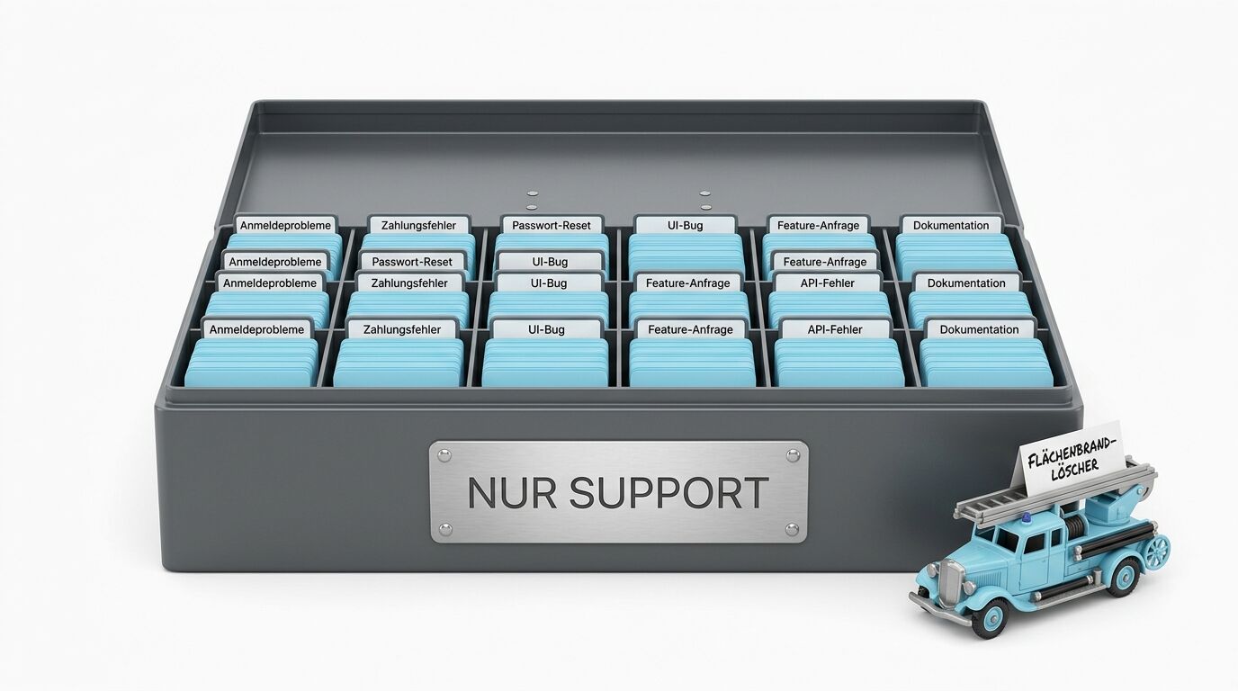 Kartei mit Support-Kategorien und davor stehendem Spielzeug-Löschfahrzeug