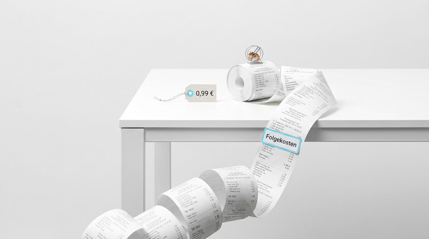 Zettel mit 0,99 € und lange Kassenbon-Schlange vom Tisch auf den Boden. Hamster läuft auf Rolle