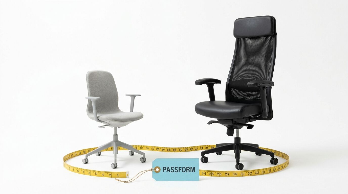 Zwei Stühle, Maßband, Etikett mit „PASSFORM“, weißer Hintergrund