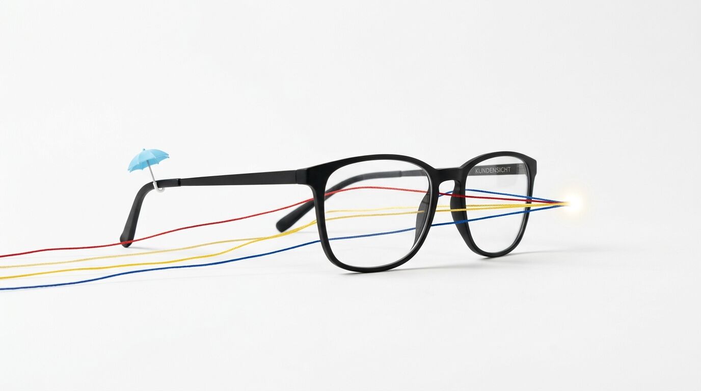 Brille mit Schirmen, farbigen Linien und Lichtfokus auf weißem Hintergrund