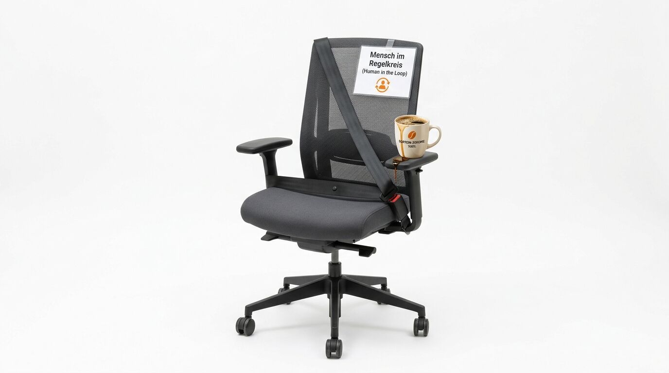 Ein Bürostuhl mit Anschnallgurt, Schild und Kaffeetasse vor weißem Hintergrund