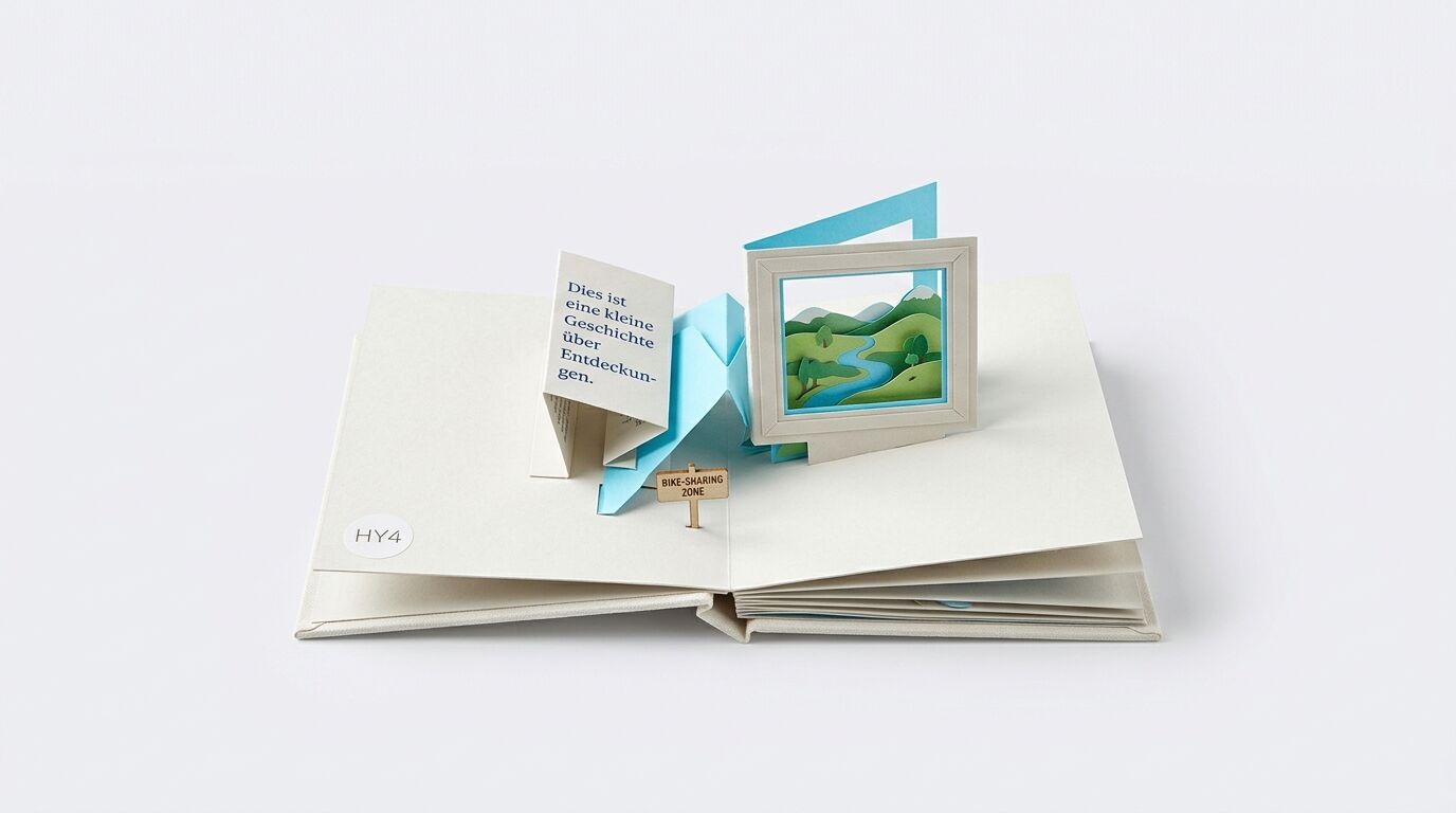 Ein Pop-up-Buch mit Papierlandschaft, Textfeld und einem Schild