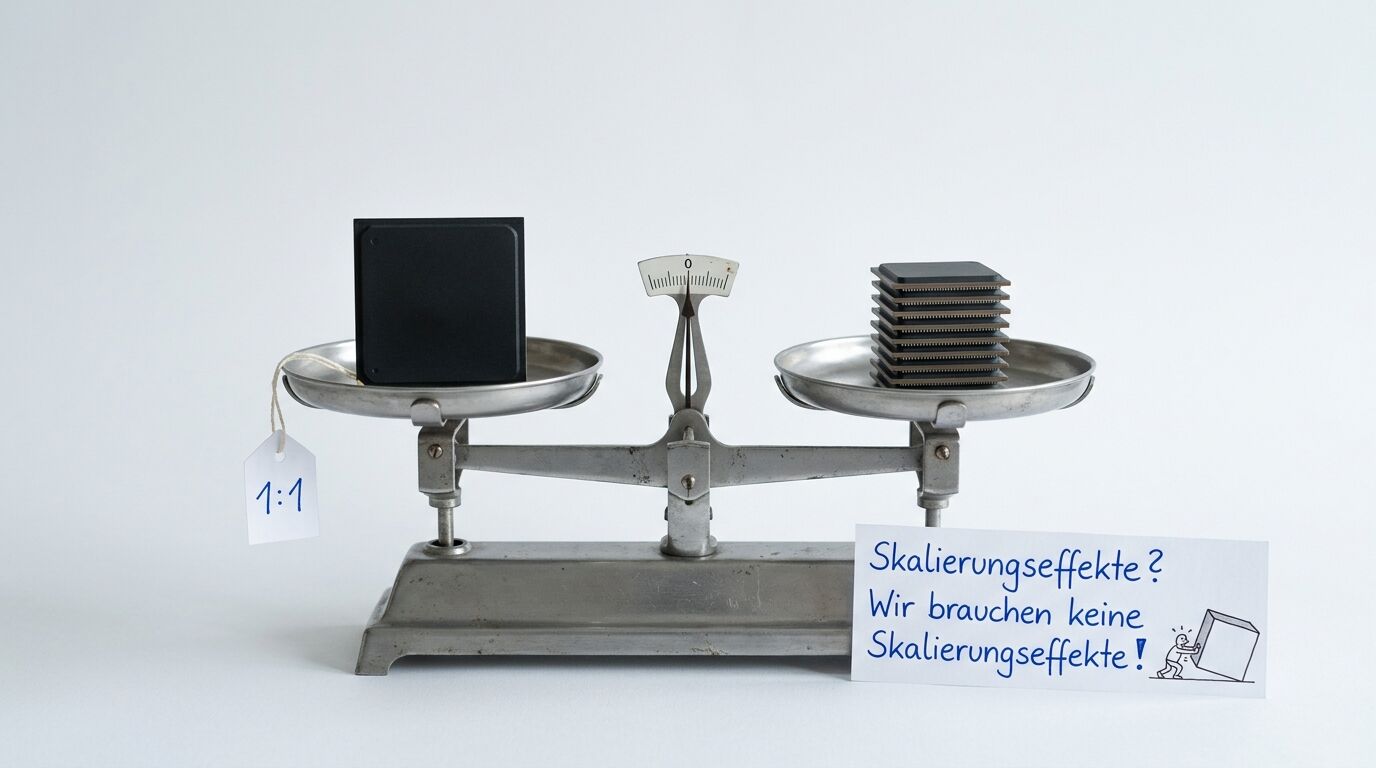 Eine Waage mit einem schwarzen Block links, einem Stapel Chips rechts und einem Schild