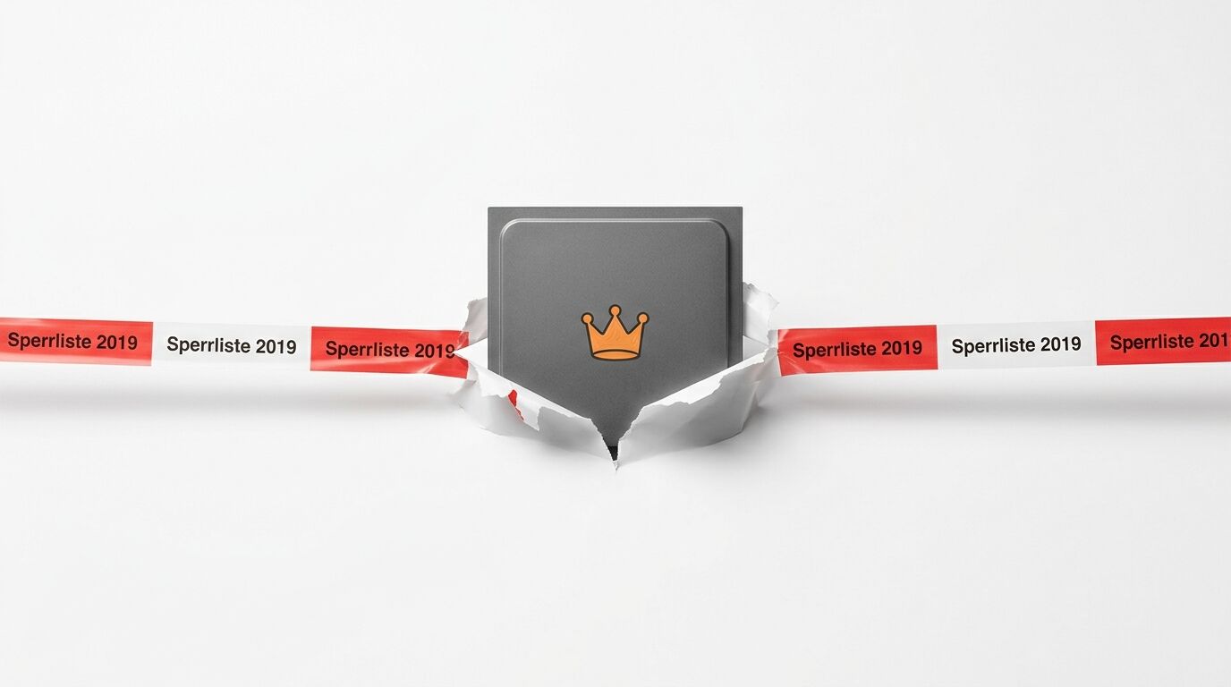 Chip mit Krone durchbricht Absperrband mit Aufschrift „Sperrliste 2019“