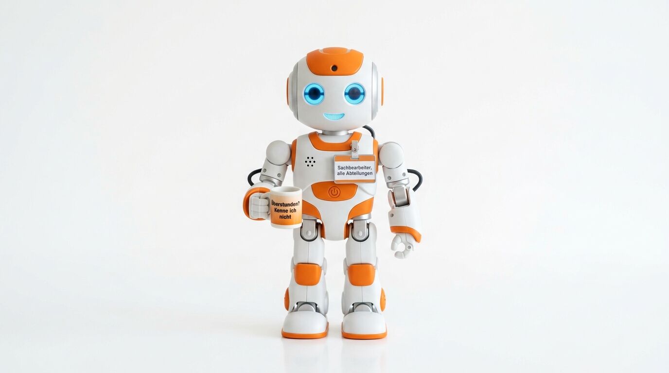 Frontalansicht eines orange-weißen Roboters mit Tasse und Namensschild vor weißem Hintergrund