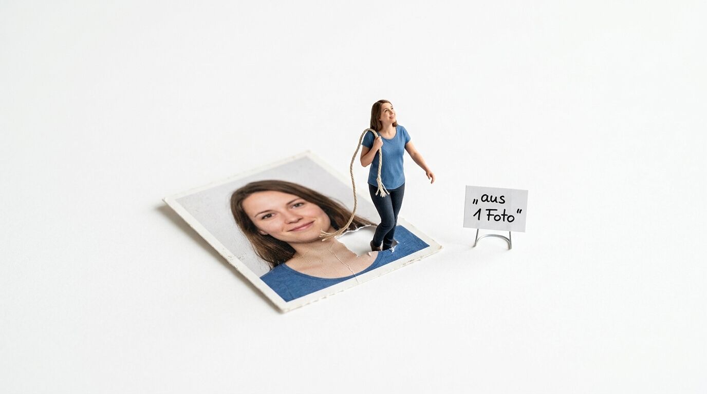 Miniaturfigur einer Frau mit Seil tritt aus einem zerrissenen Passfoto auf weißem Grund