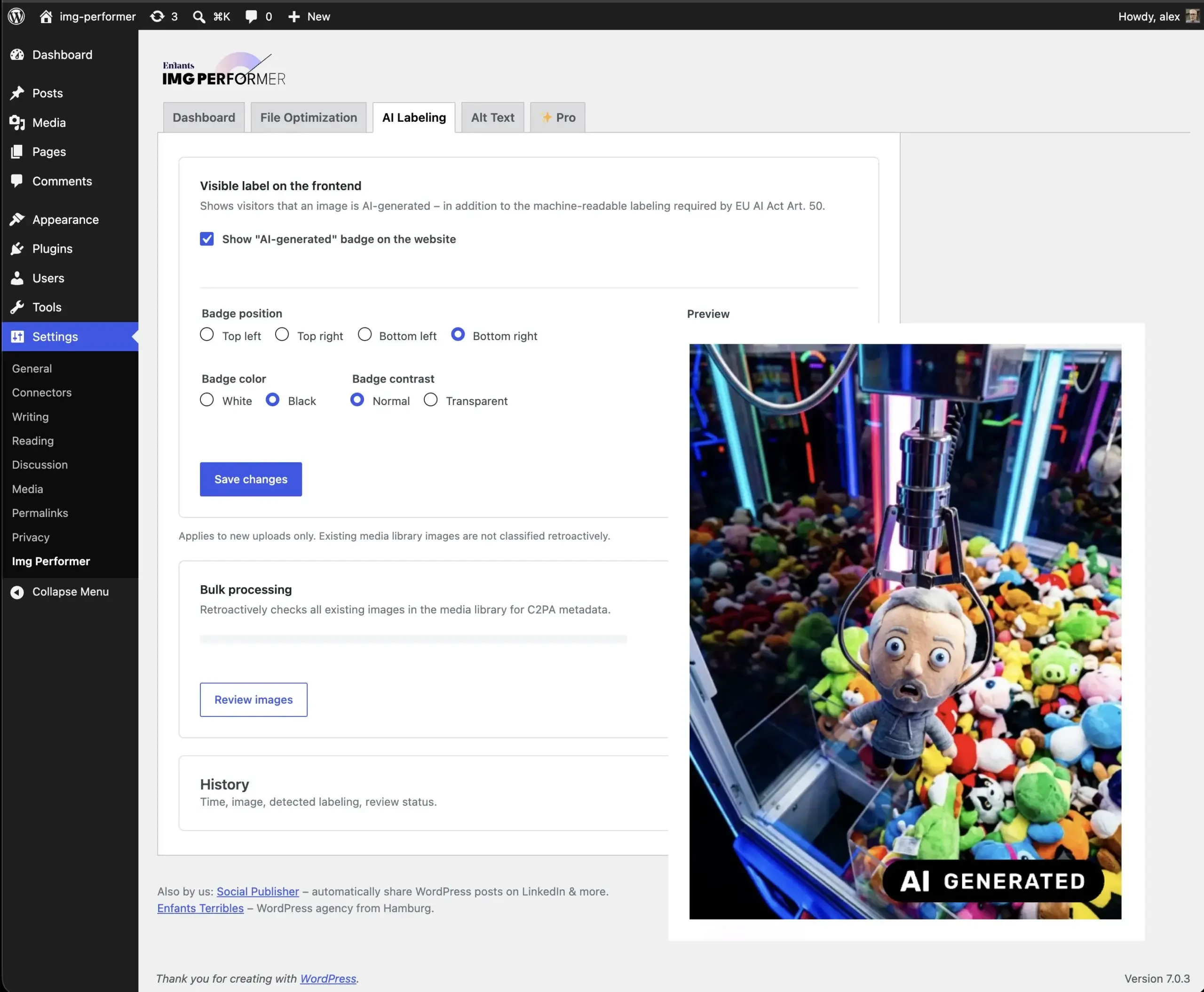 Backend-Ansicht von Enfants IMG Performer mit den Einstellmöglichkeiten zum Design des KI-Badges