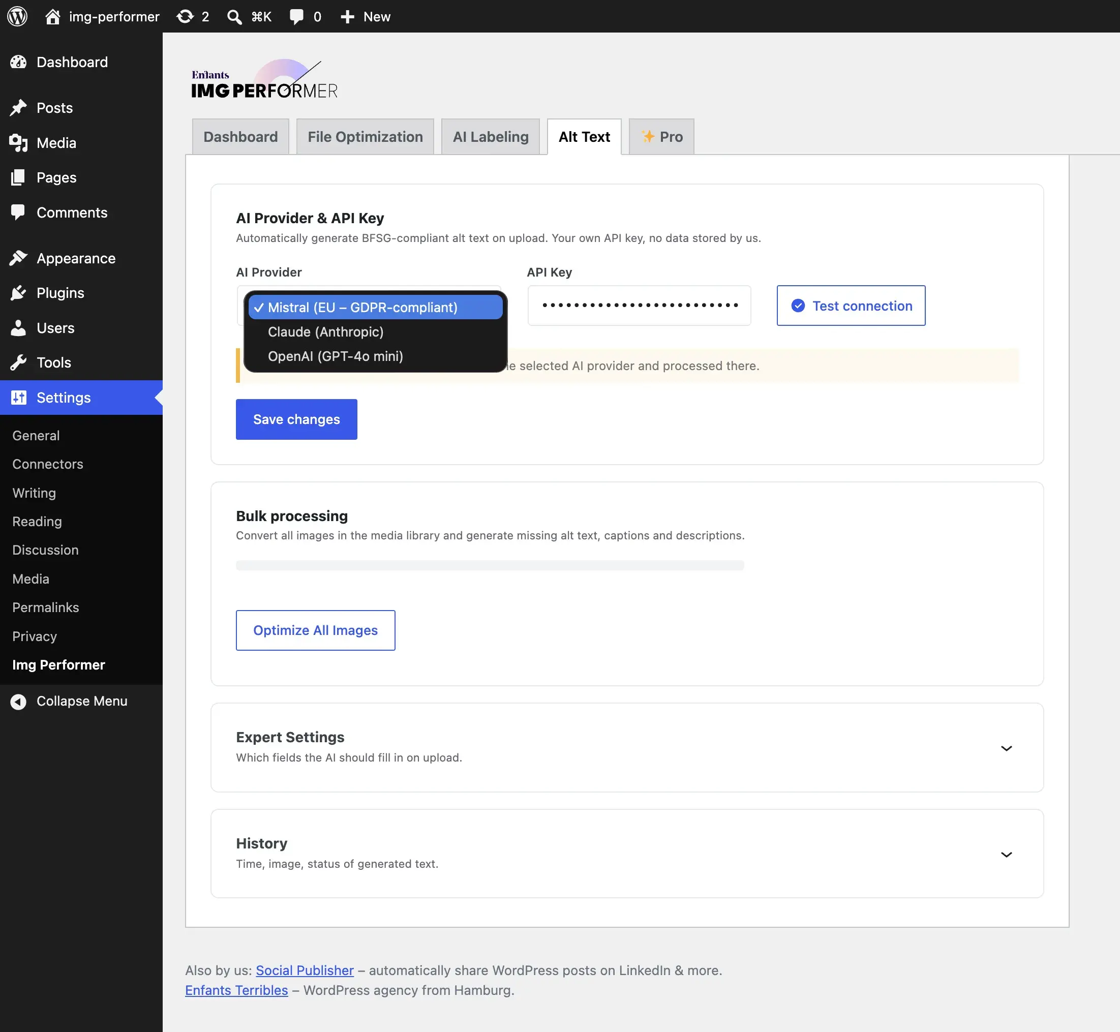 Einstellungsseite Alt Text von IMG Performer mit Auswahlliste für den KI-Anbieter und Eingabefeld für den eigenen API-Key