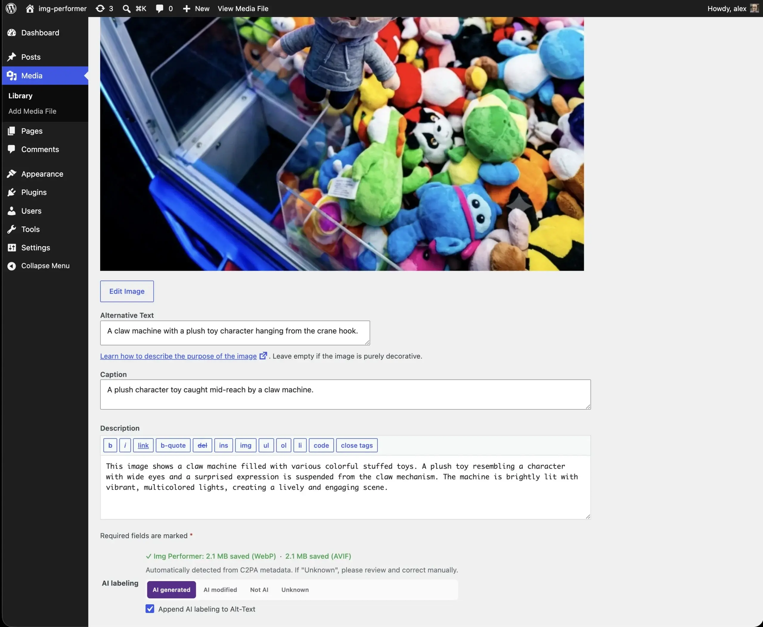 WordPress-Backend-Ansicht mit automatisch generiertem Alt-Text-Vorschlag von Enfants IMG Performer