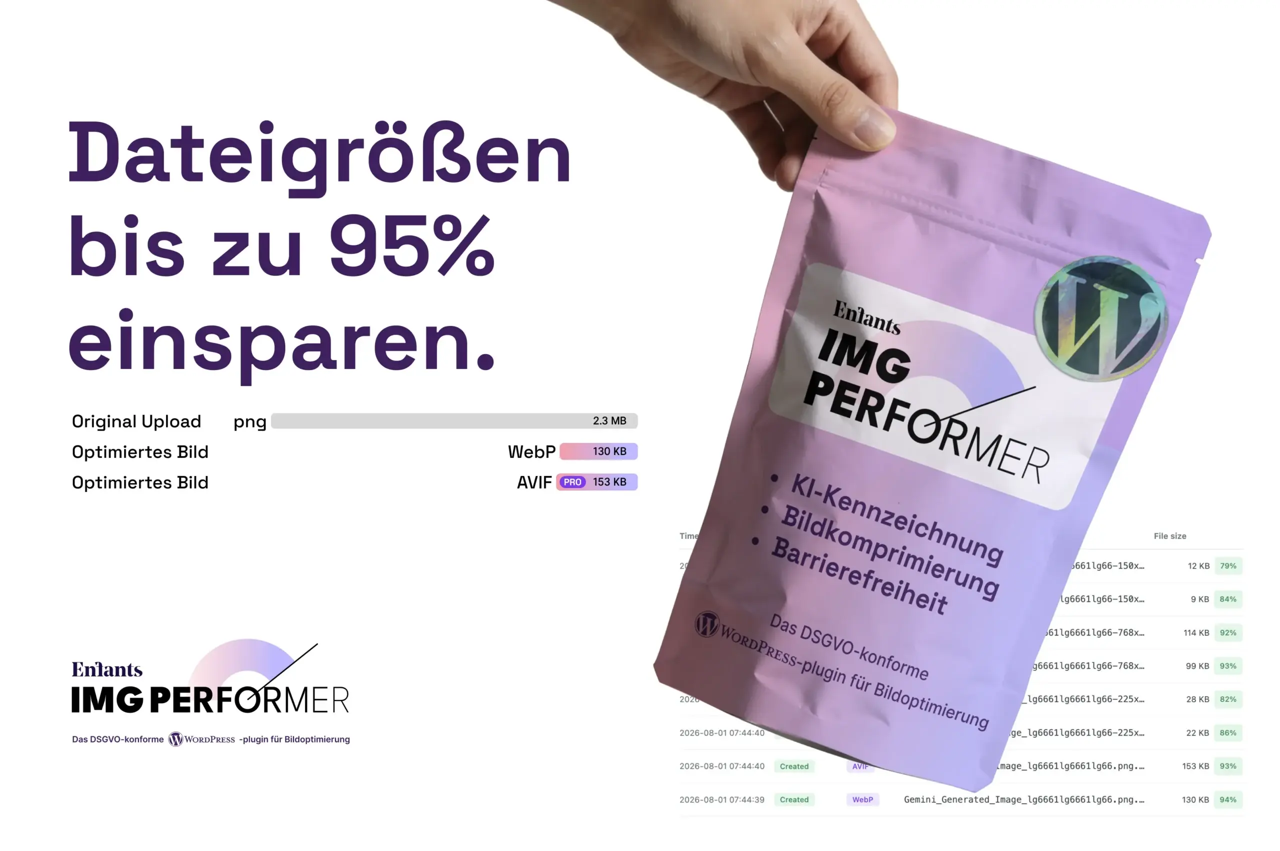 Vergleich der Dateigröße eines Bildes vor und nach der automatischen WebP-Optimierung durch Enfants IMG Performer